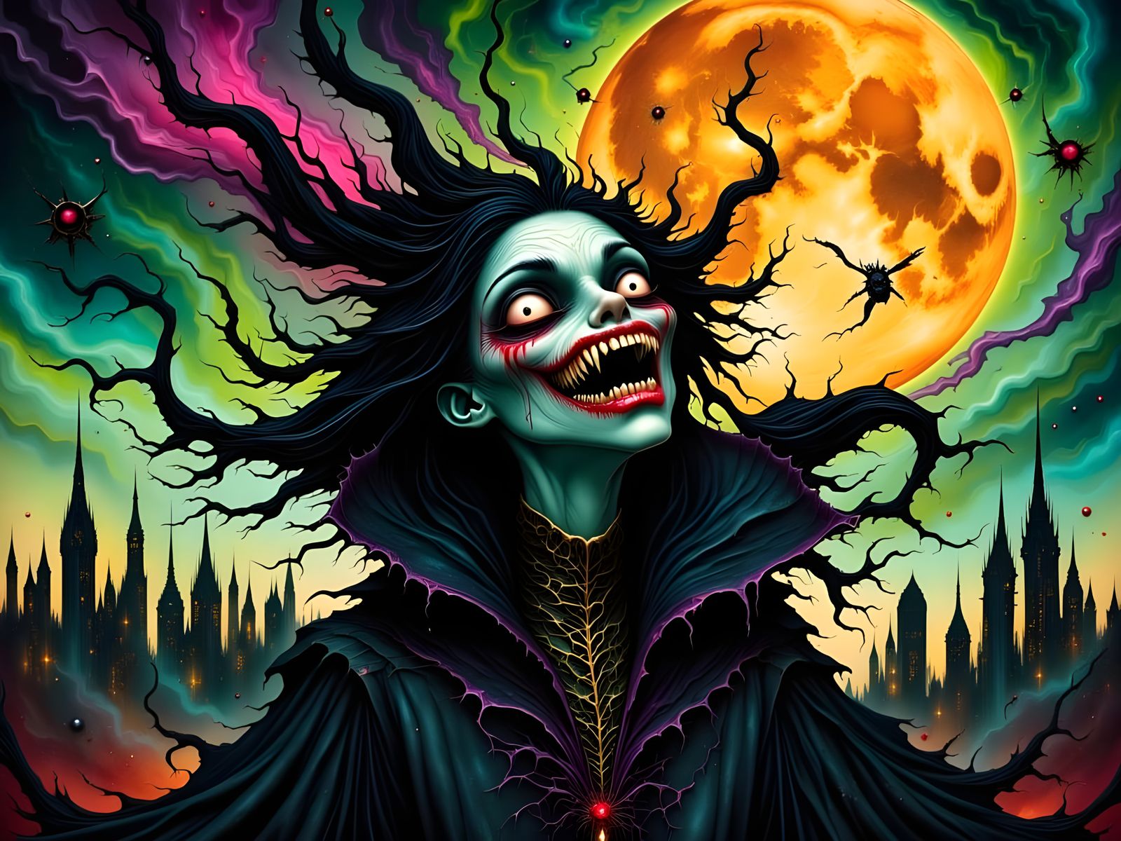 Dark Surreal Gothic Witch Under Victorian Night City Skyline