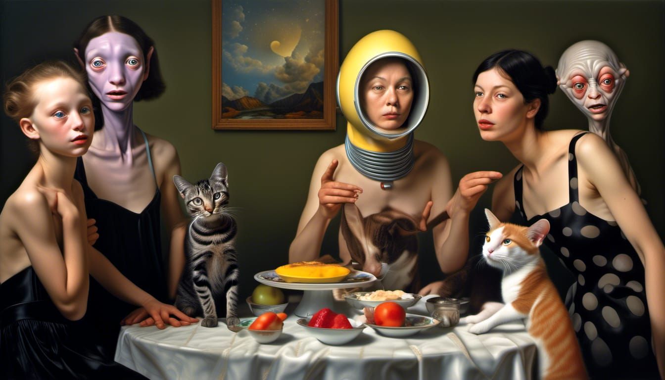 Hyperrealistic Alien Tea Party in a Matte Painting