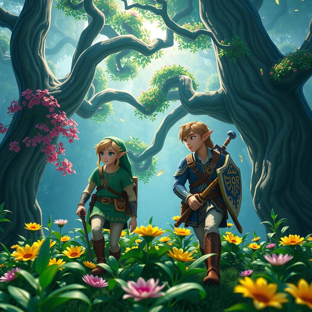 Link and Zelda in Phirone Forest as 3D Anime Art