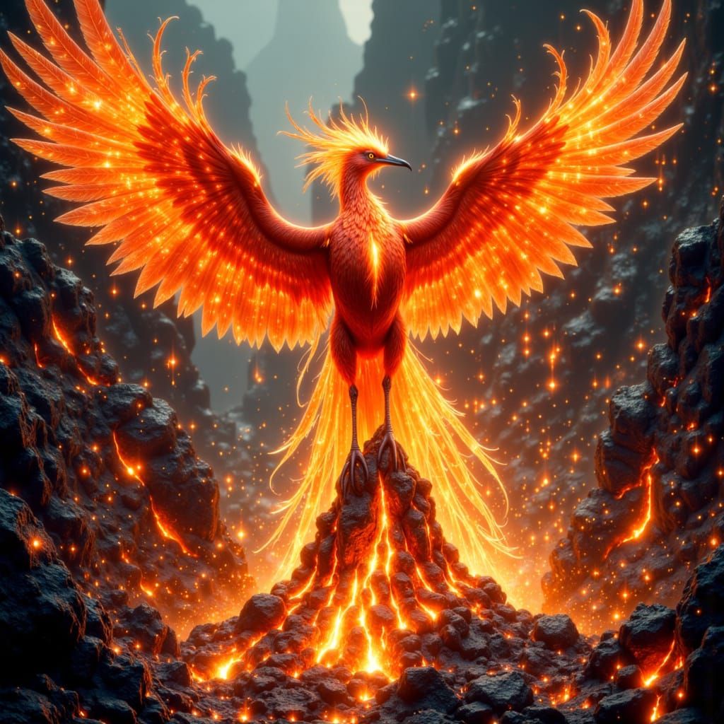 Phoenix Rising from Volcanic Eruption in Dark Fantasy Style