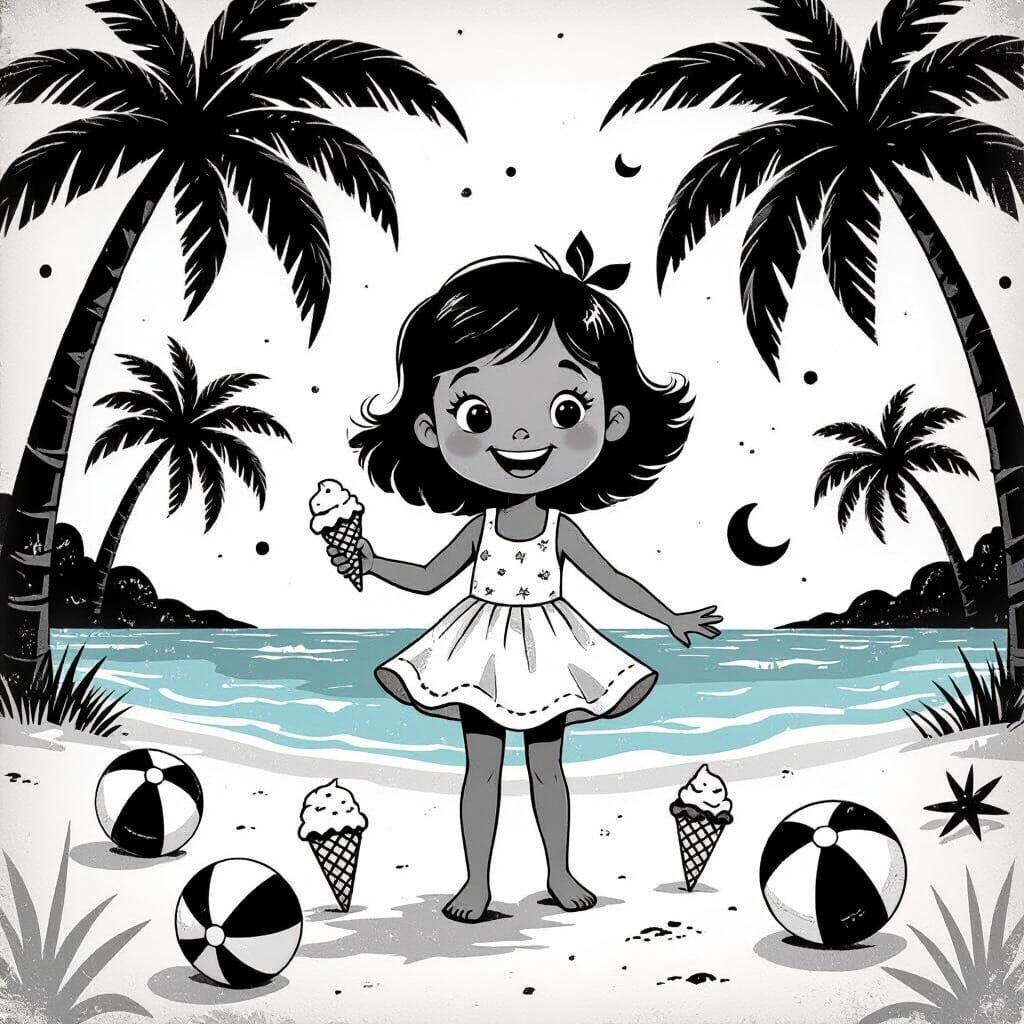Smiling Girl on Vibrant Black and White Beach