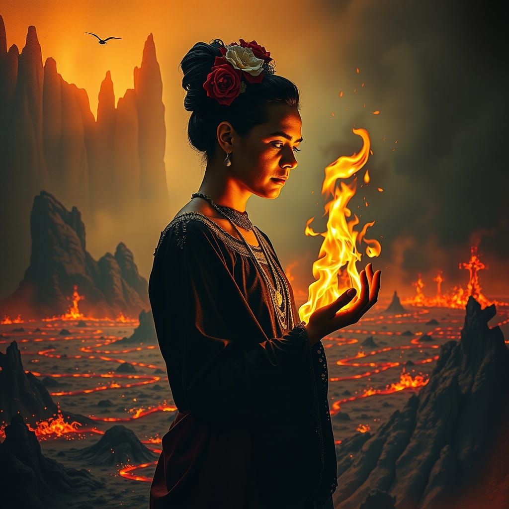 Figure Contemplating Duality Amid Flames