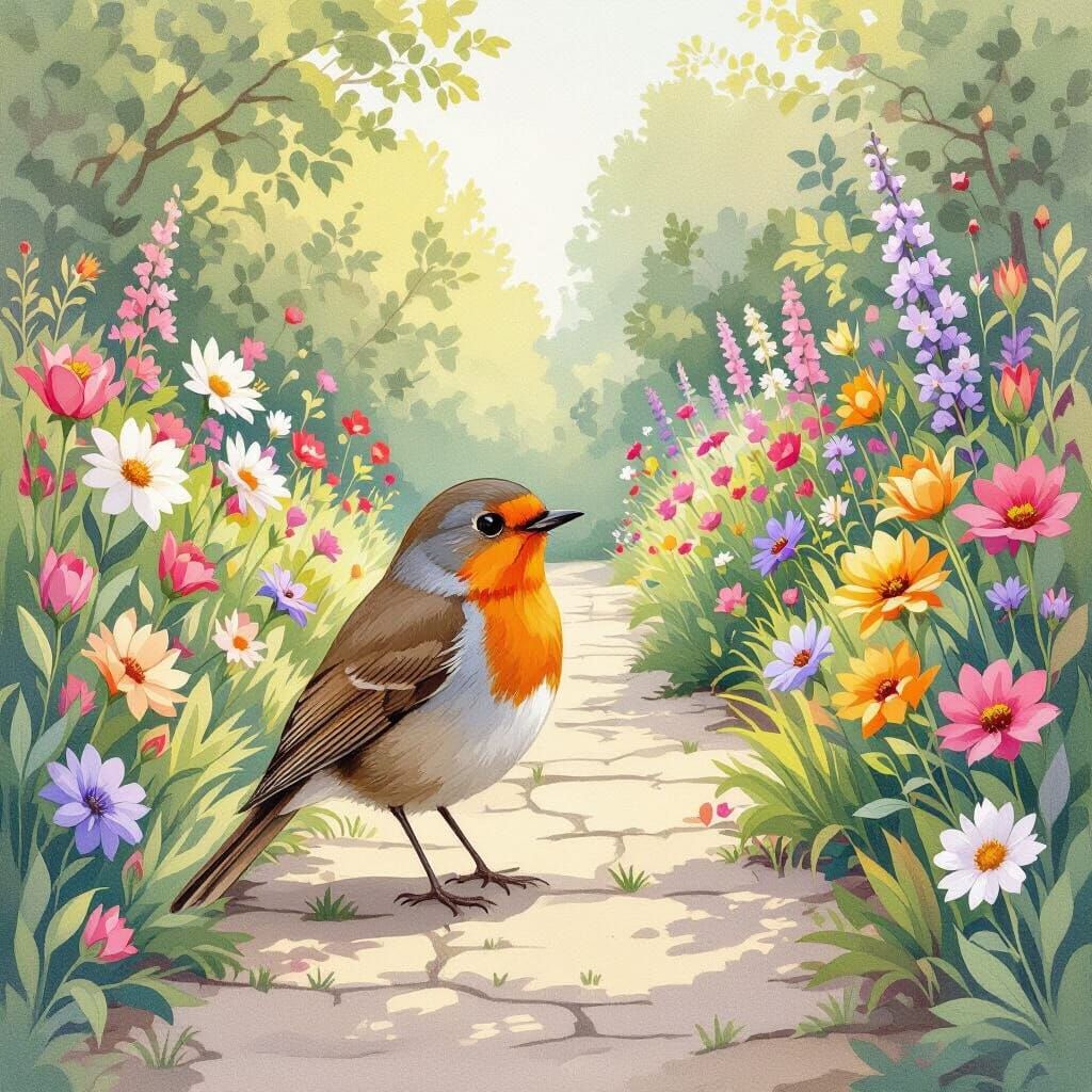 Robin in Vibrant Garden, Whimsical Watercolor Style