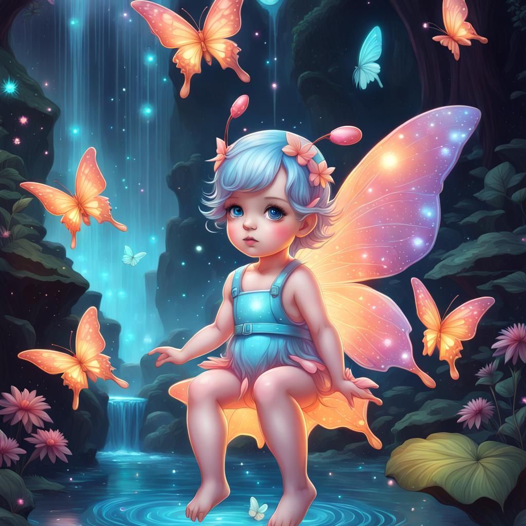 Chibi Fairy with Bioluminescent Butterflies in Candyland Sty...