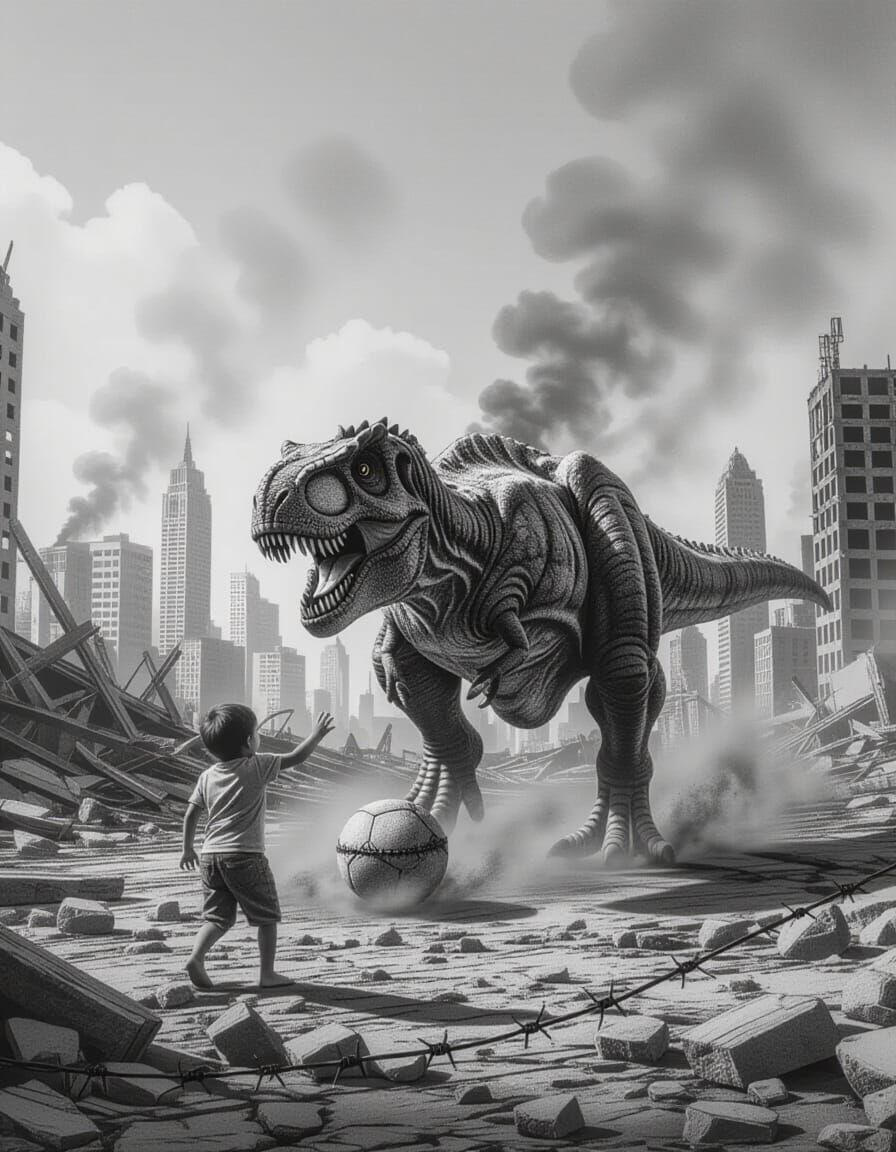 Child Plays in Ruined City: Detailed Charcoal Drawing