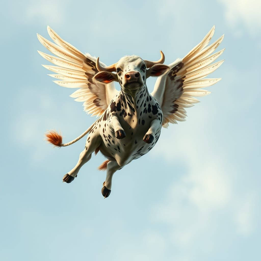 Winged Cow Soaring in Dreamy Flight