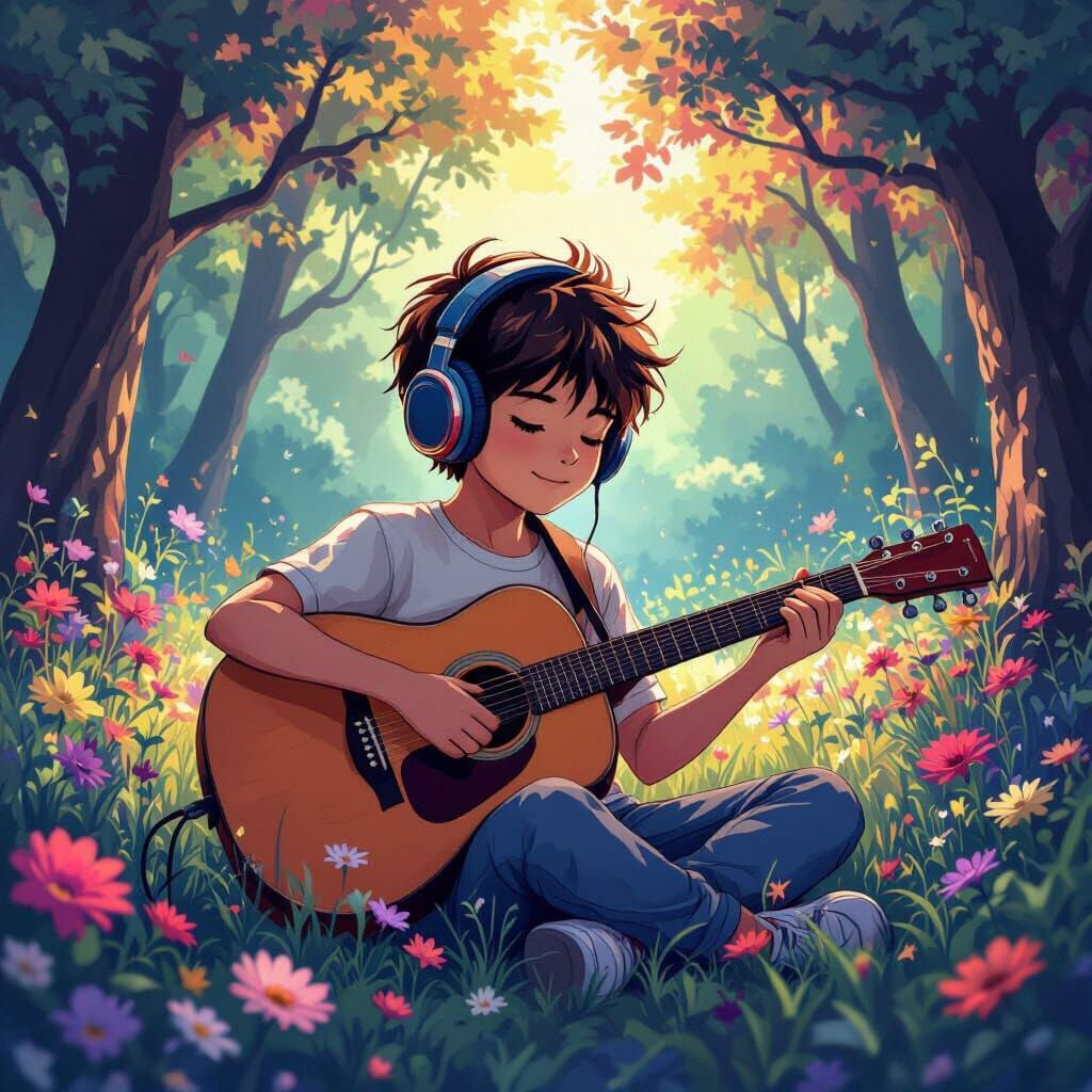 Boy Plays Guitar in Nature: Studio Trigger Manga Style