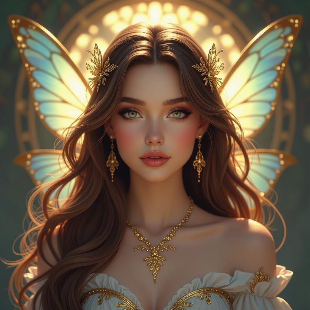Fantasy Fairy Portrait with Flowing Hair and Gold Accents