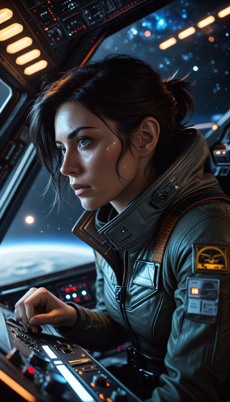 Female Starfighter Pilot in Epic Space Battle