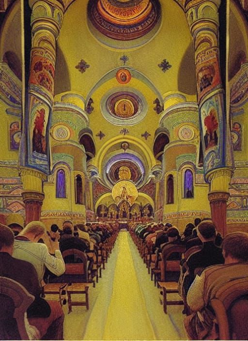 Russian Orthodox Basilica Interior: Oil Painting