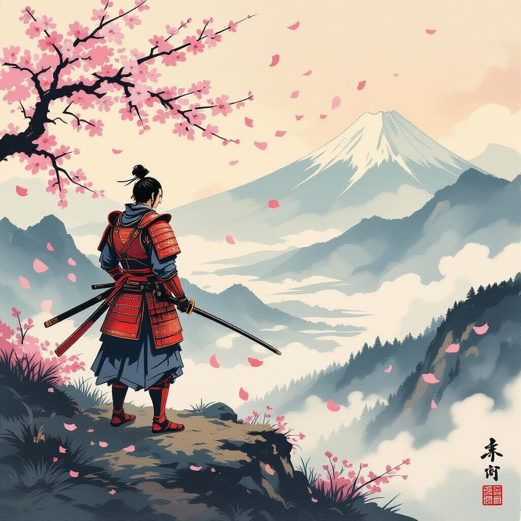 Samurai Warrior on Misty Mountain Peak in Ukiyo-e Style