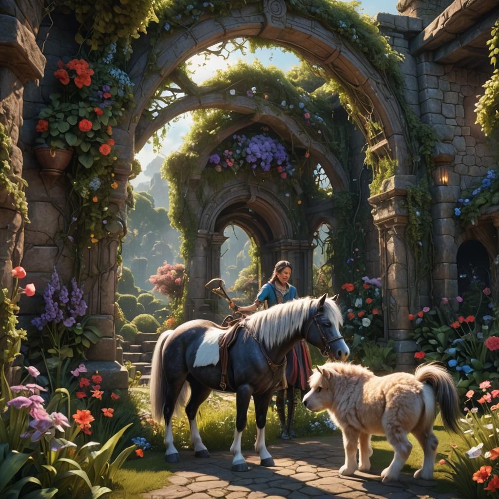 Fantasy Portal Scene with Ponies and Garden