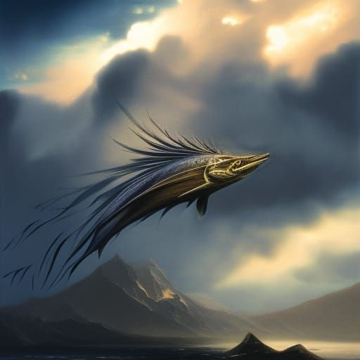 Sailfish Dragon Soaring Above Iridescent Clouds