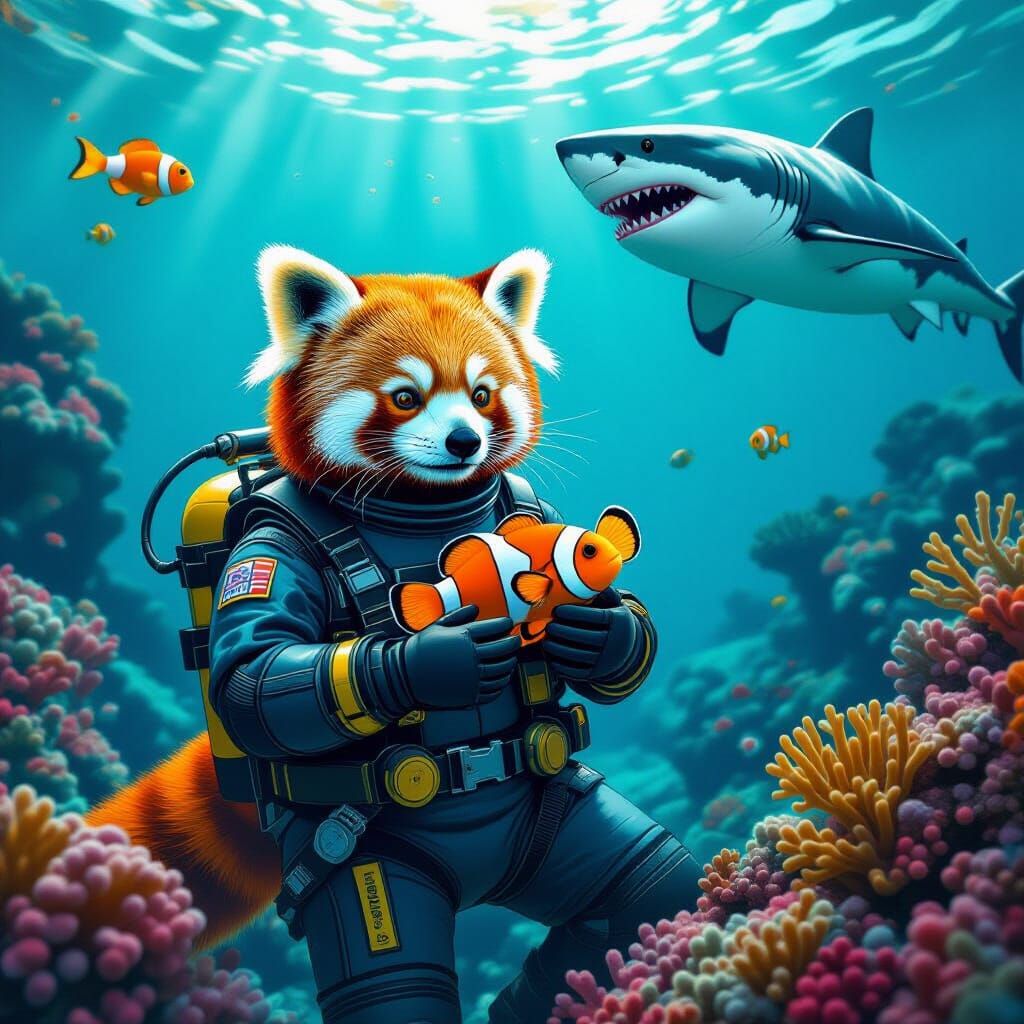 Red Panda in Diving Suit with Clownfish, Hyper-Realistic