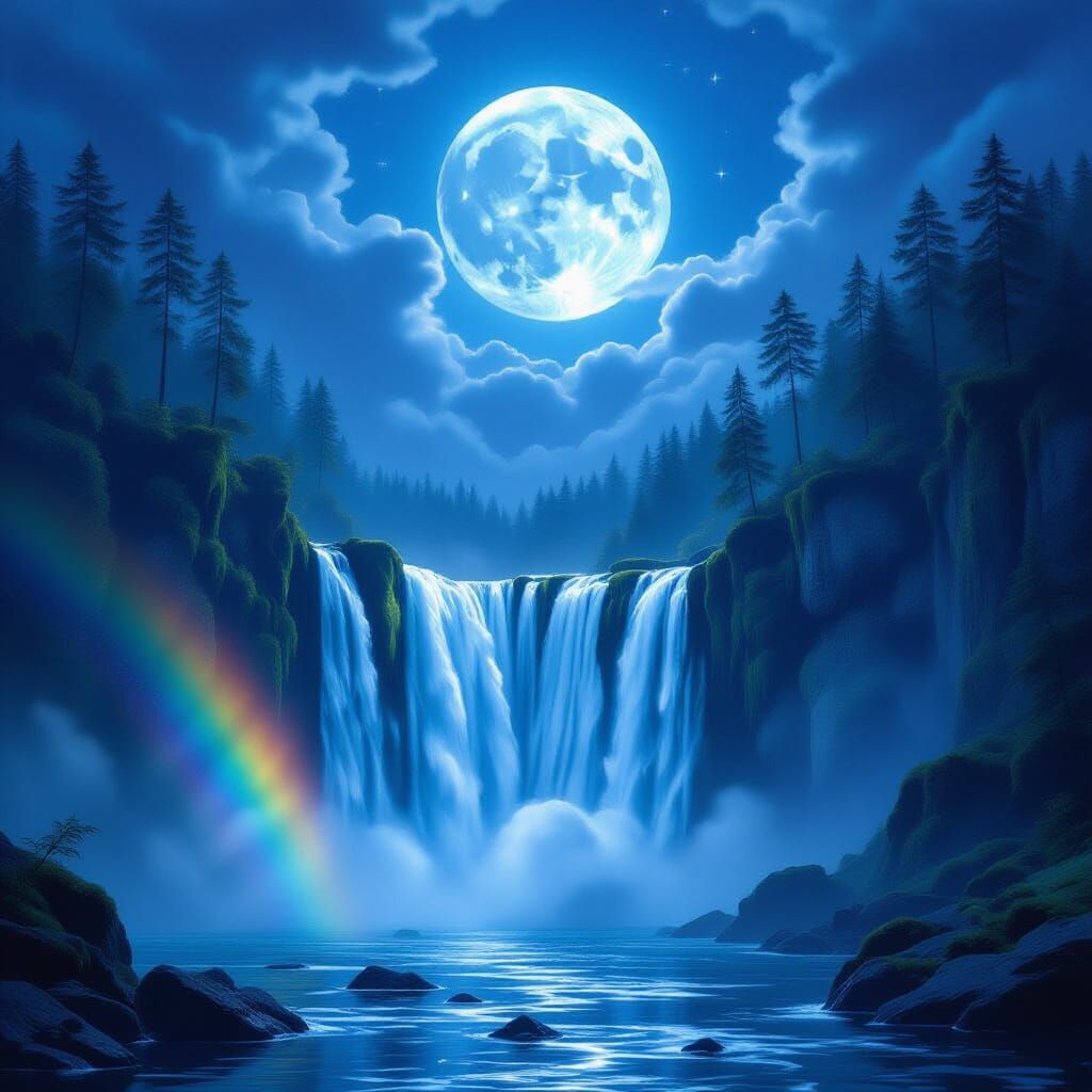 Moonlit Waterfall in Mystical Forest