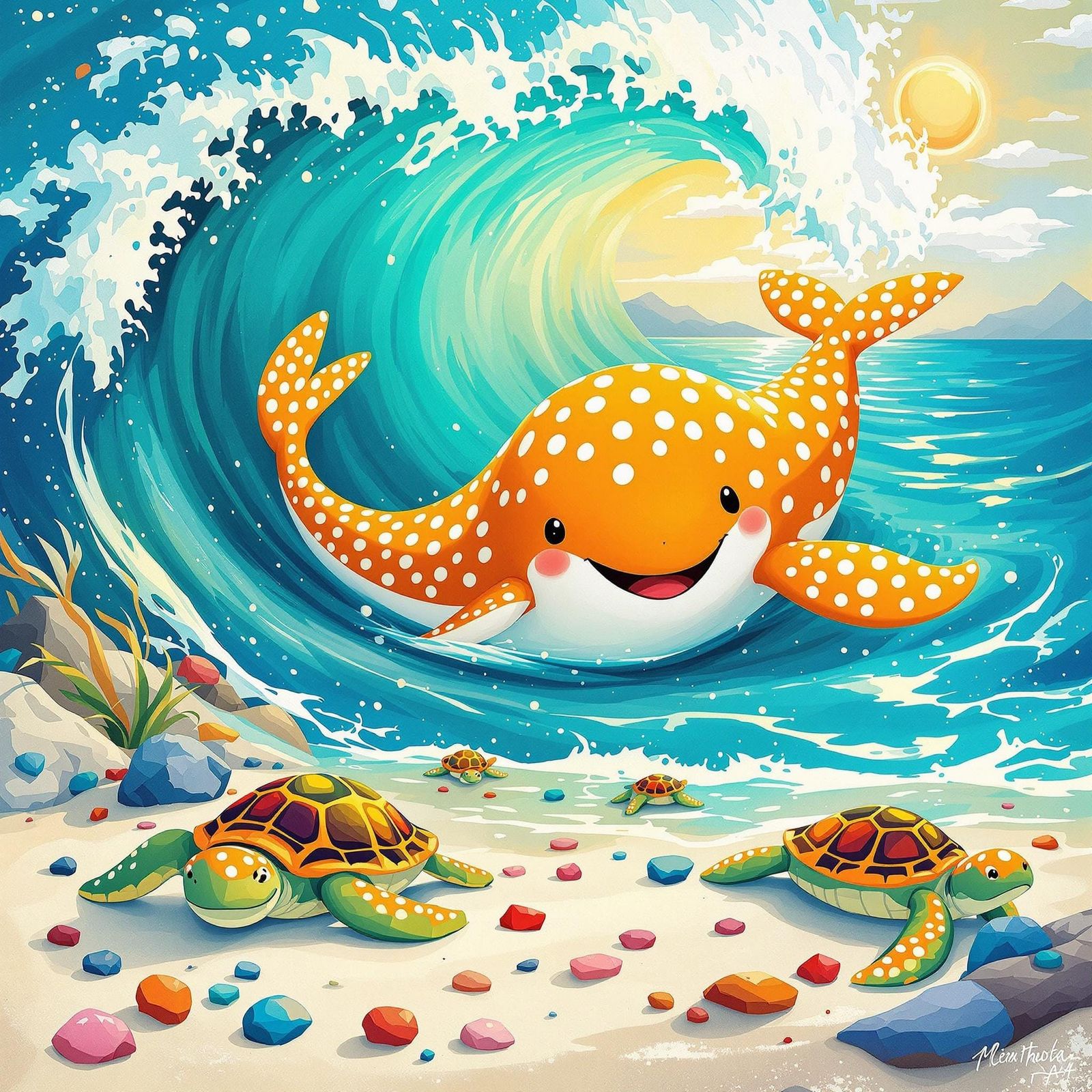 Whimsical Ocean Scene with Happy Porpoise and Turtles in Vib...