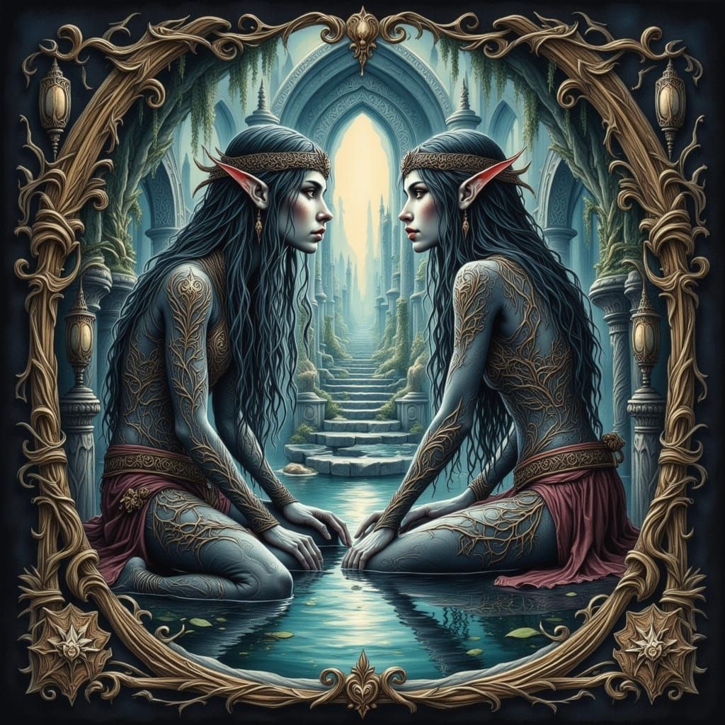 Elves Gazing into a Mystical Mirror Pool
