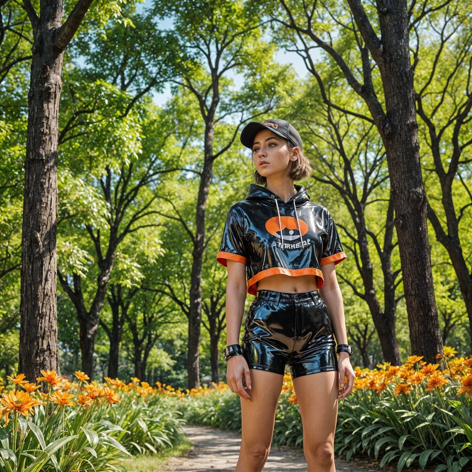 Athletic Woman in Shiny Latex Outfit Posing
