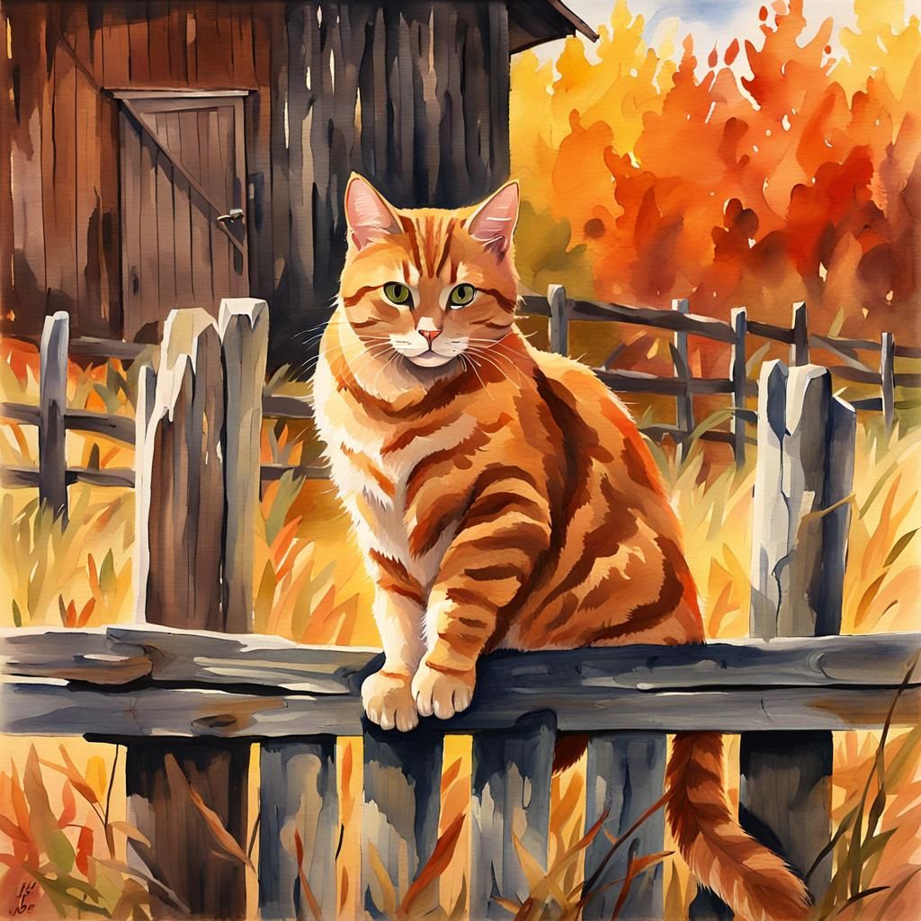 Ginger Cat in Autumn Watercolor Painting