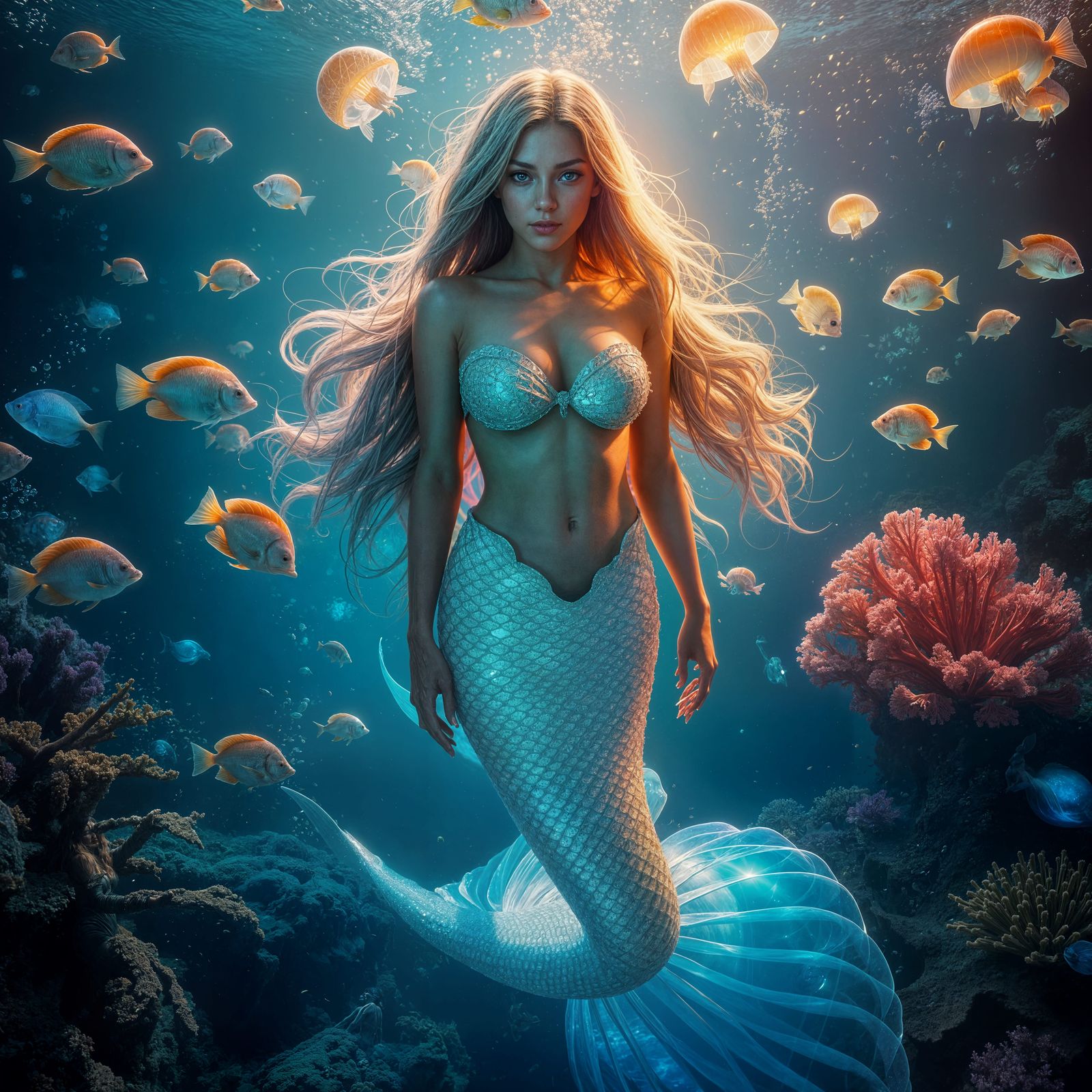Mystical Mermaid Portrait in Vibrant Underwater Scene