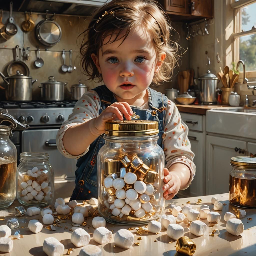 Toddler Reaching for Marshmallows in Sunny 70s Kitchen