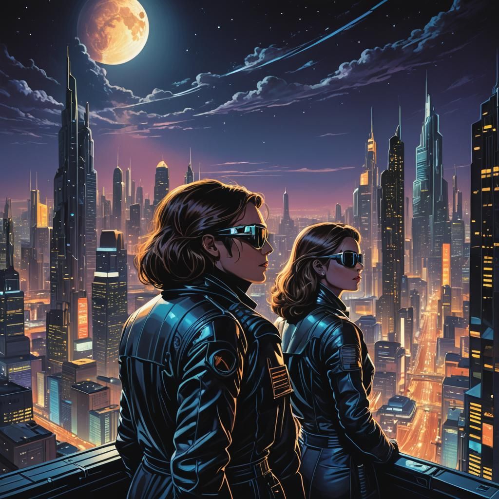 Retro Sci-Fi Agents in Cyberpunk Cityscape