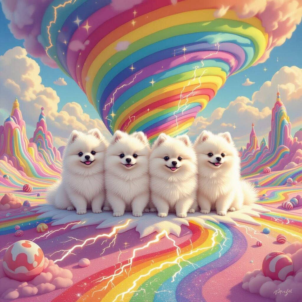 Pomeranians in Rainbow Tornado Over Candy Land