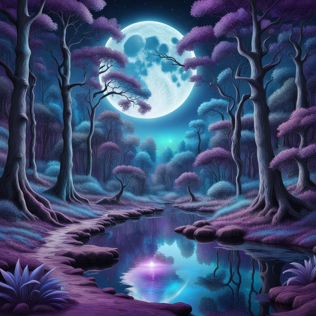 Blue and Purple Fantasy Forest Under Moonlight