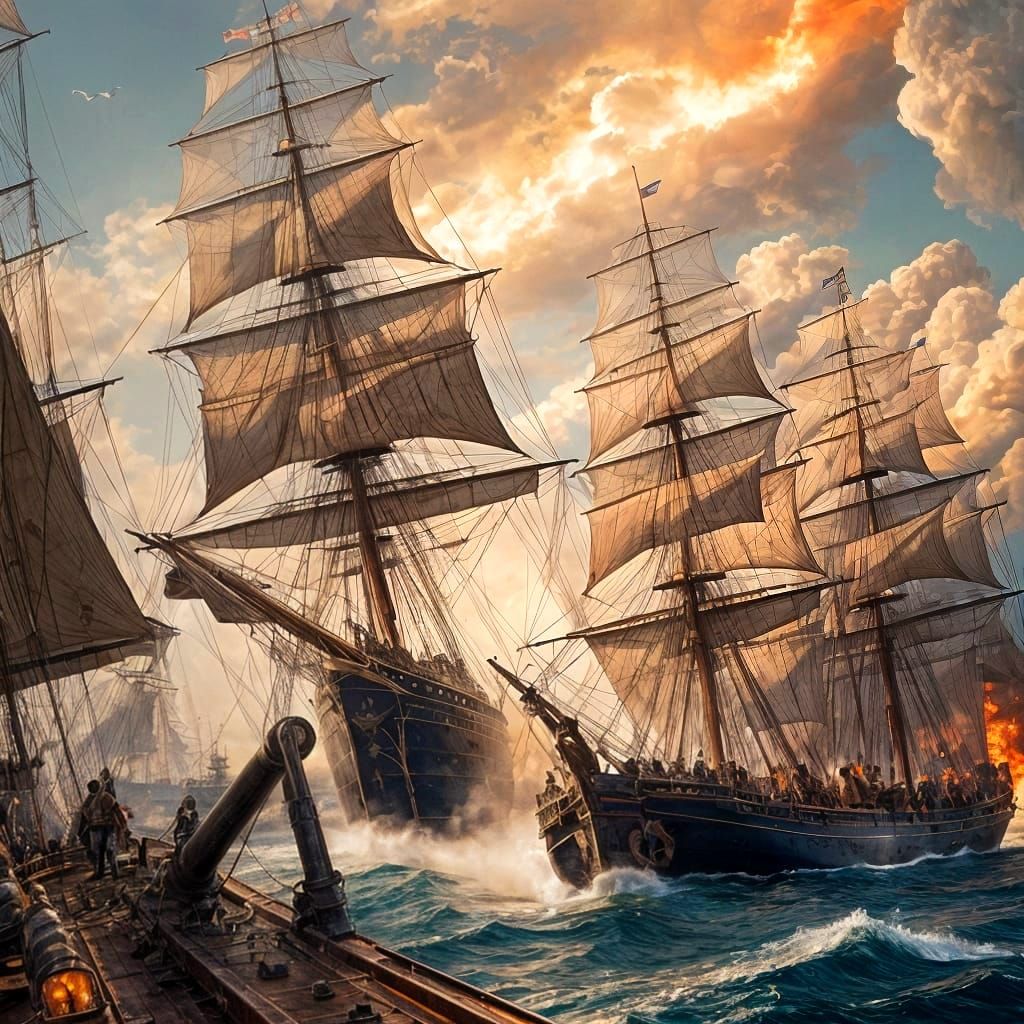 Intense Naval Battle with Sailing Ships and Cannons
