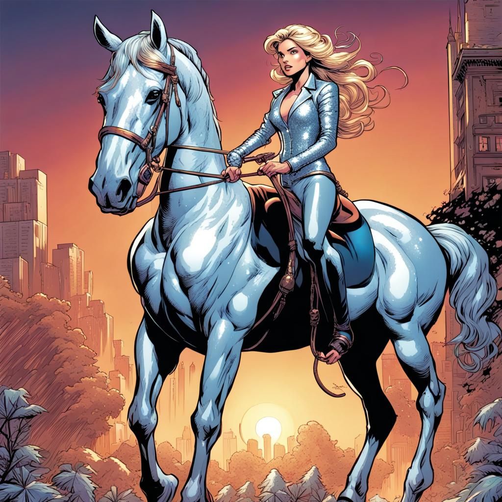 Heroic Woman on Horse in Comic Book Style
