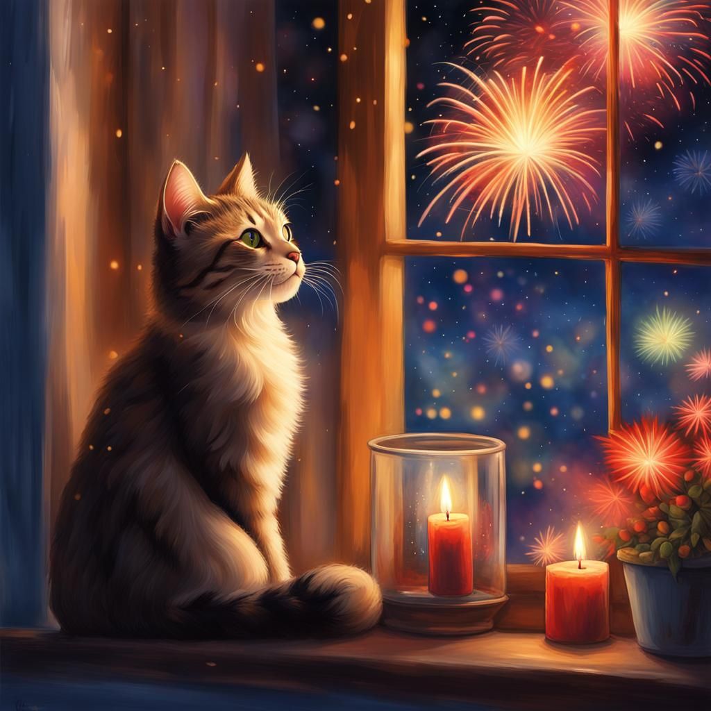 Cat Watches Fireworks Display in Comic Book Art