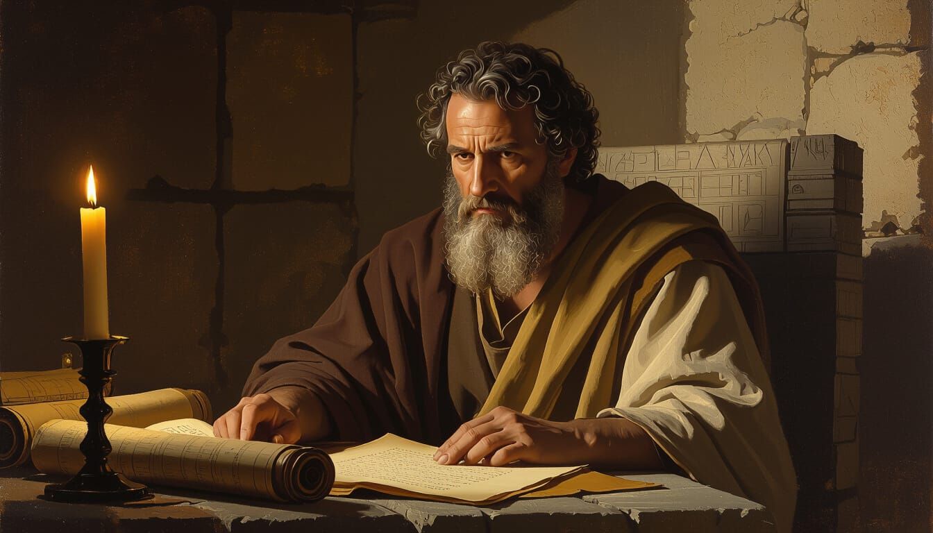 Ancient Philosopher in Candlelight, Cinematic Oil Painting