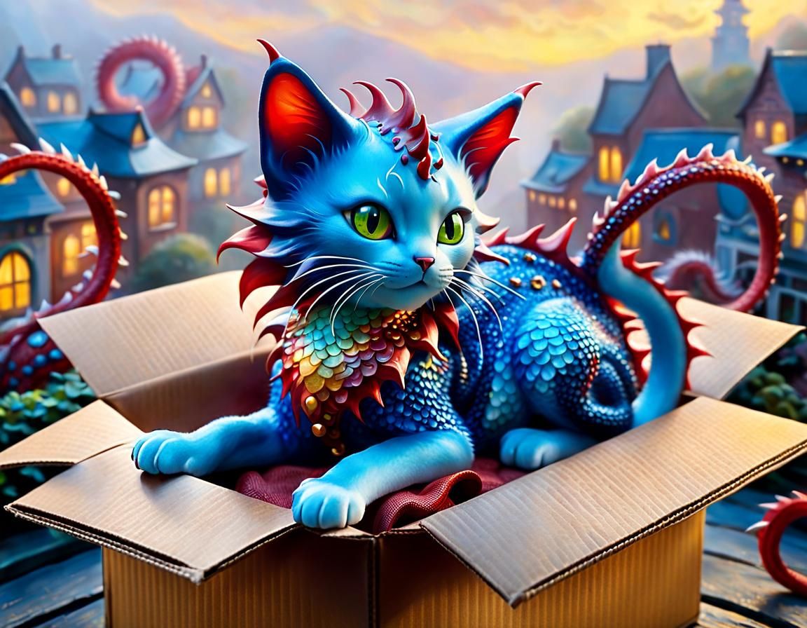 Blue and Red Dragon Cat in a Box