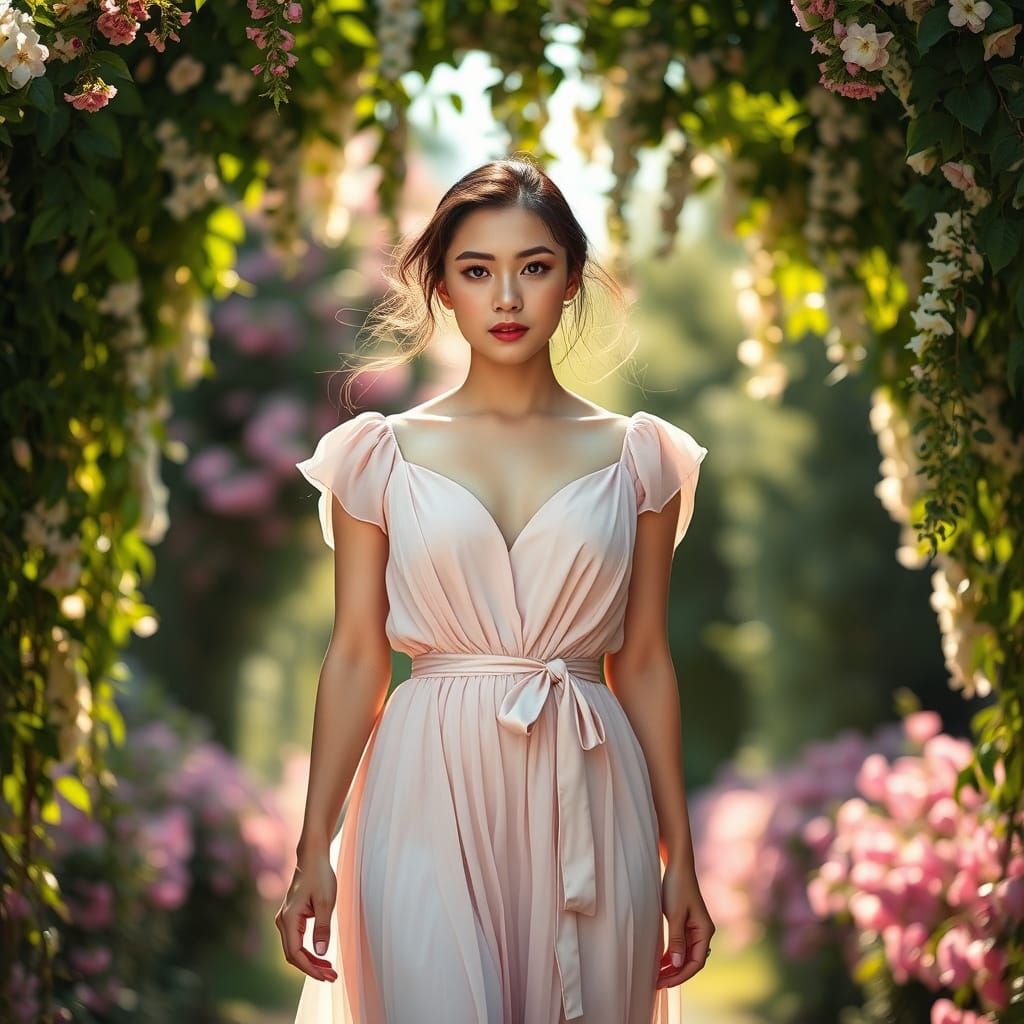 Young Woman in Pastel Dress in Lush Garden