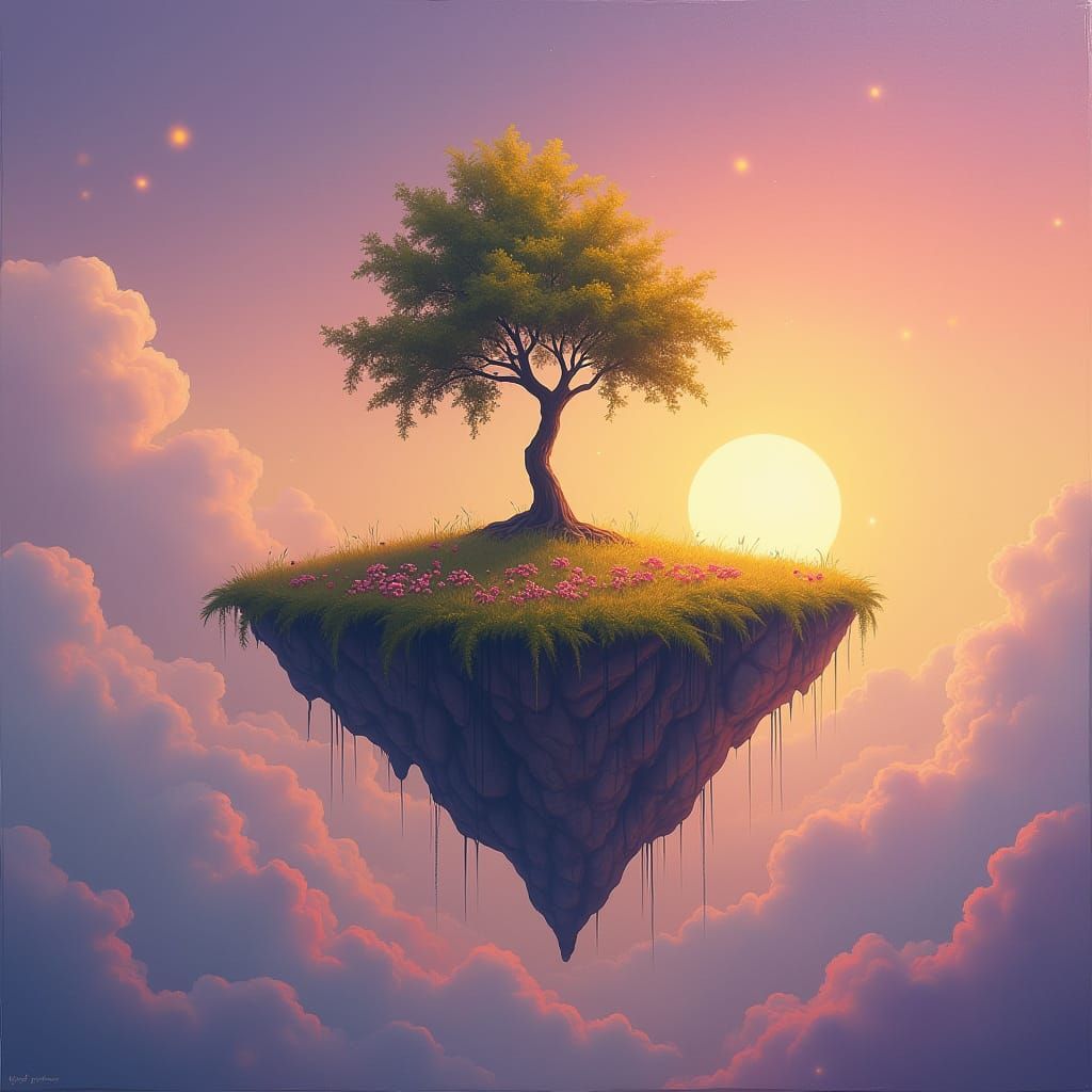 Surreal Floating Island Painting with Ethereal Light