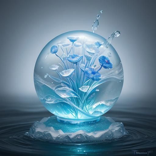 Ethereal Ice Flower Sculpture in Water Droplet