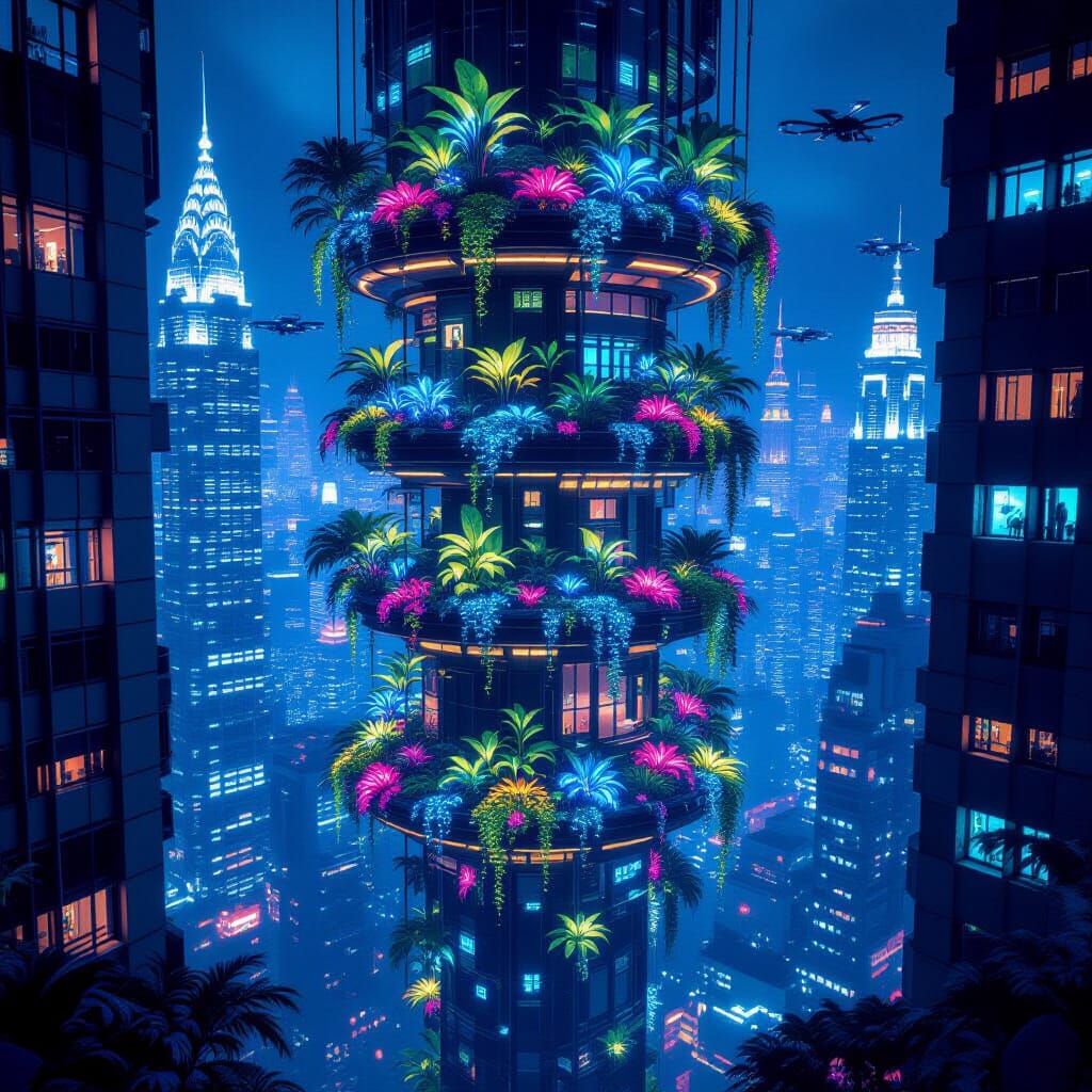 Bioluminescent Balcony Garden Between Art Deco Skyscrapers