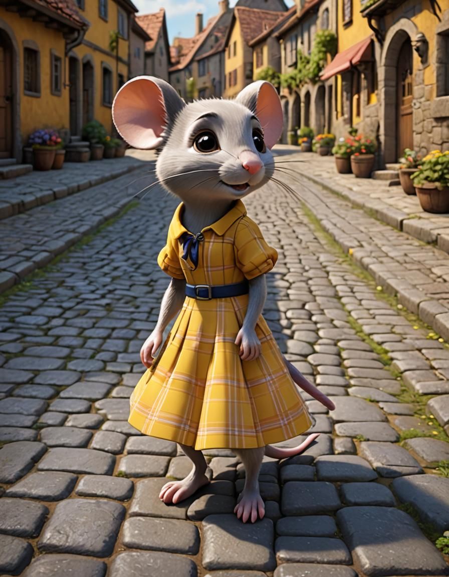 CGI cartoon, A beautiful little mouse in a yellow plaid dress, ribbon on her head, walking along a cobblestone street in...