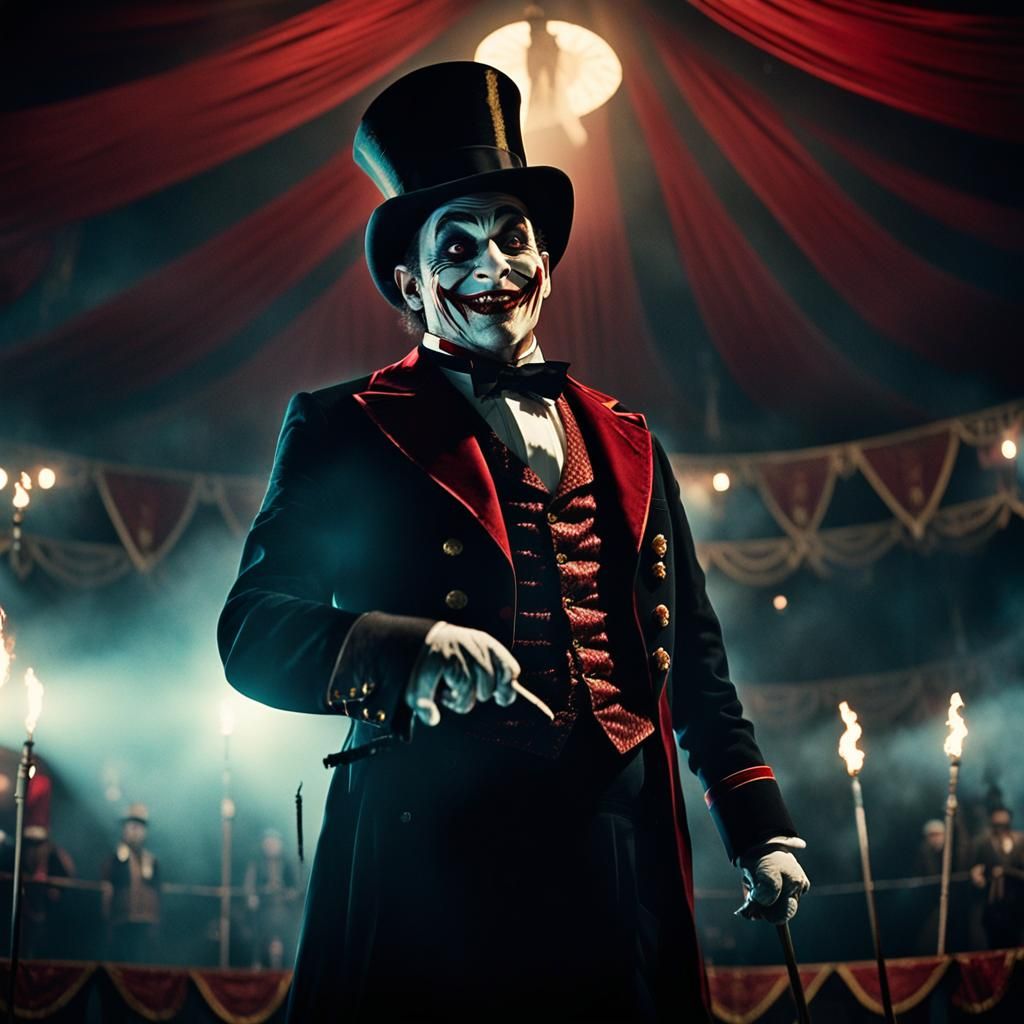 Creepy Ringmaster in Dimly Lit Circus Tent