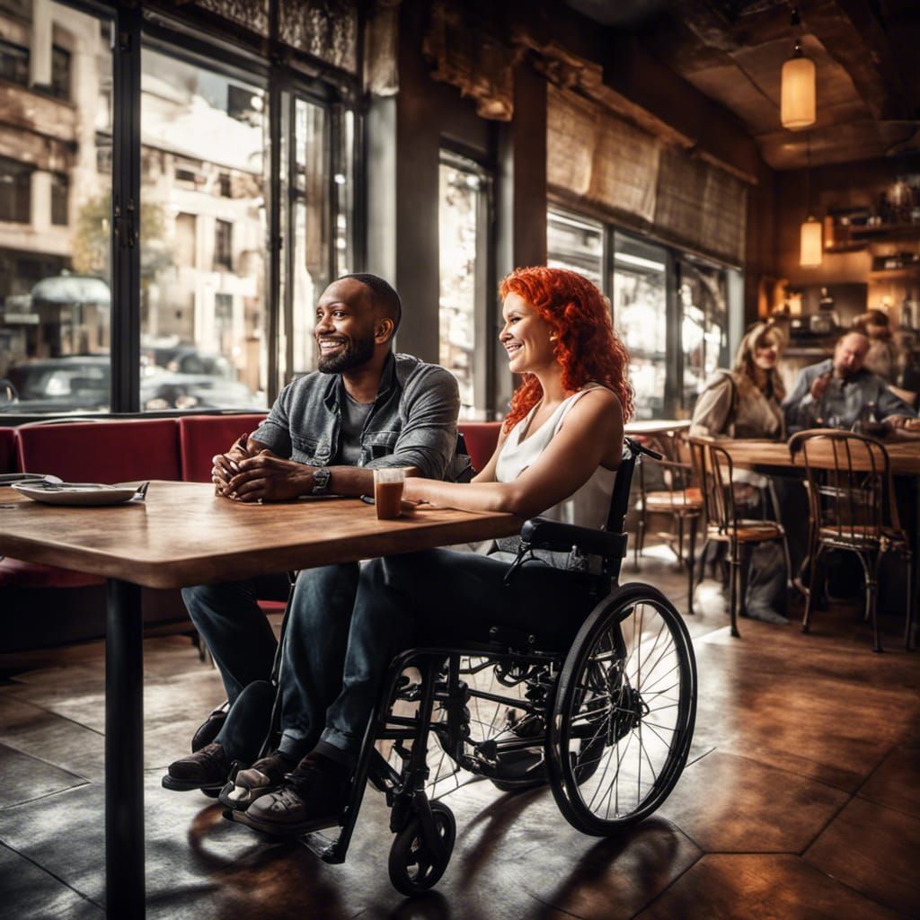 Smiling Couple in Wheelchairs at Cafe