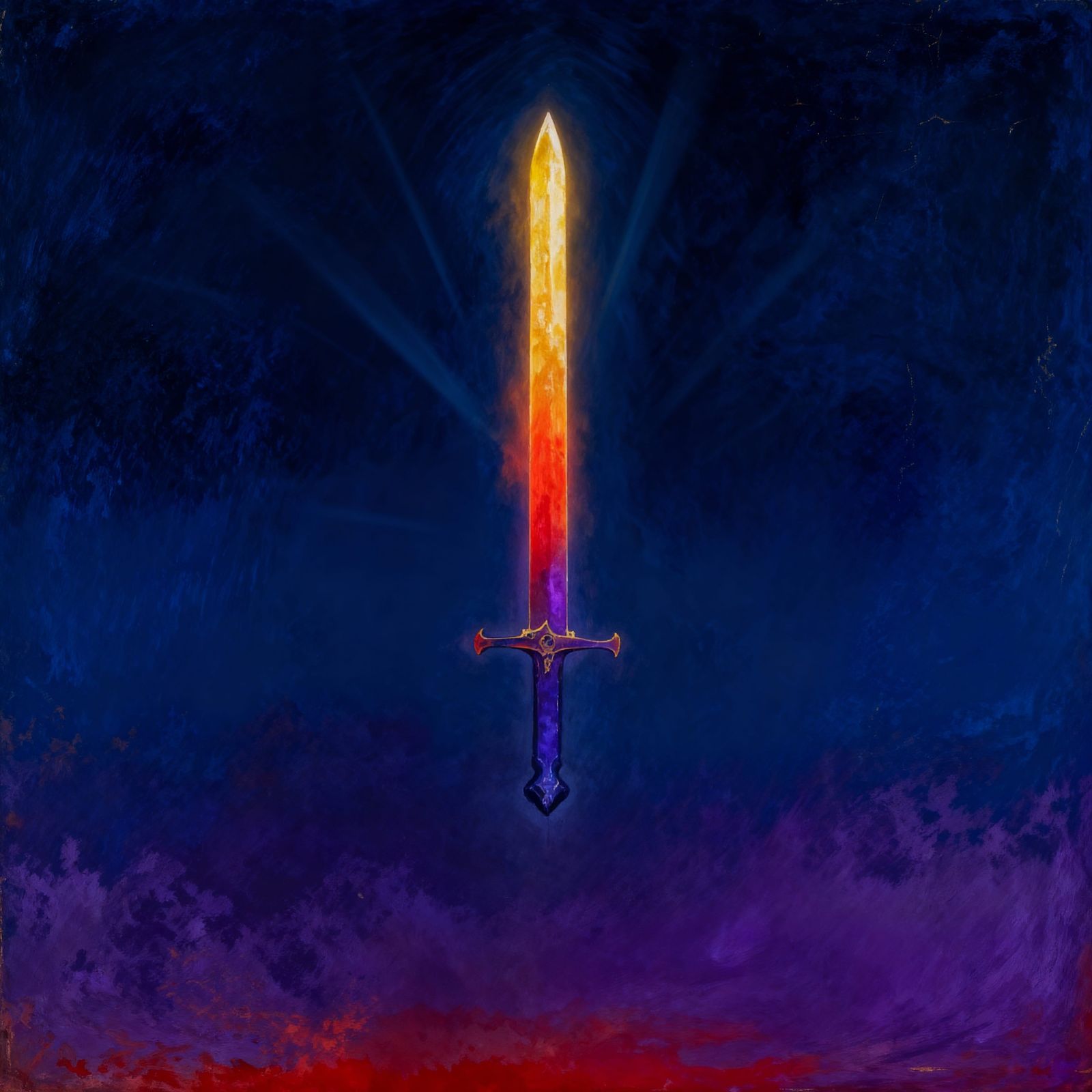 Mystical Sword Emitting Light in Dramatic Painting
