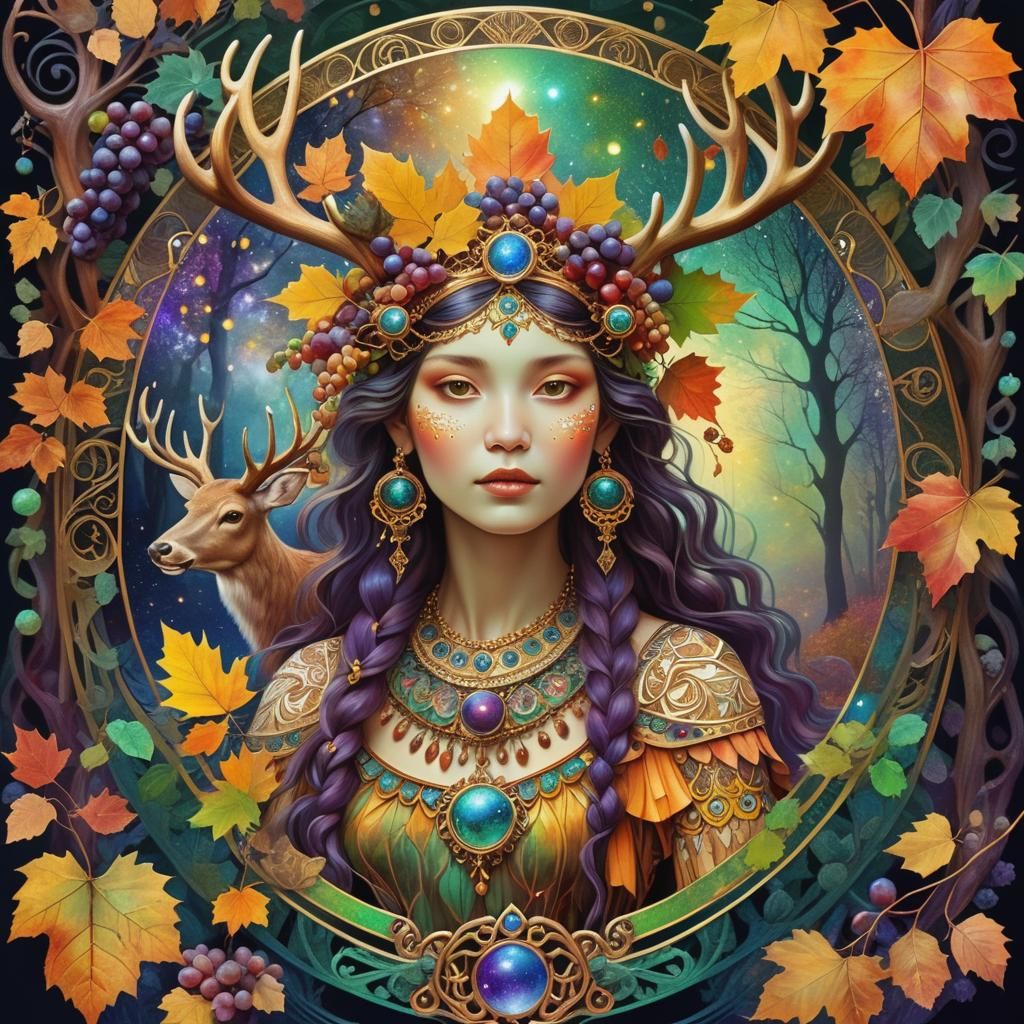 Klimt Style Autumn Goddess in Art Nouveau Frame