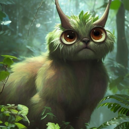 Adorable Fuzzy Monster Portrait in Lush Jungle