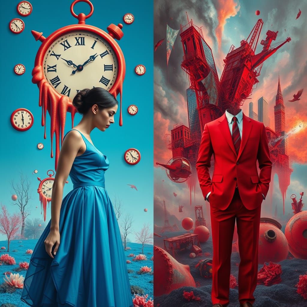 Blue Dreamscape vs Red Abstract World, Surreal Art