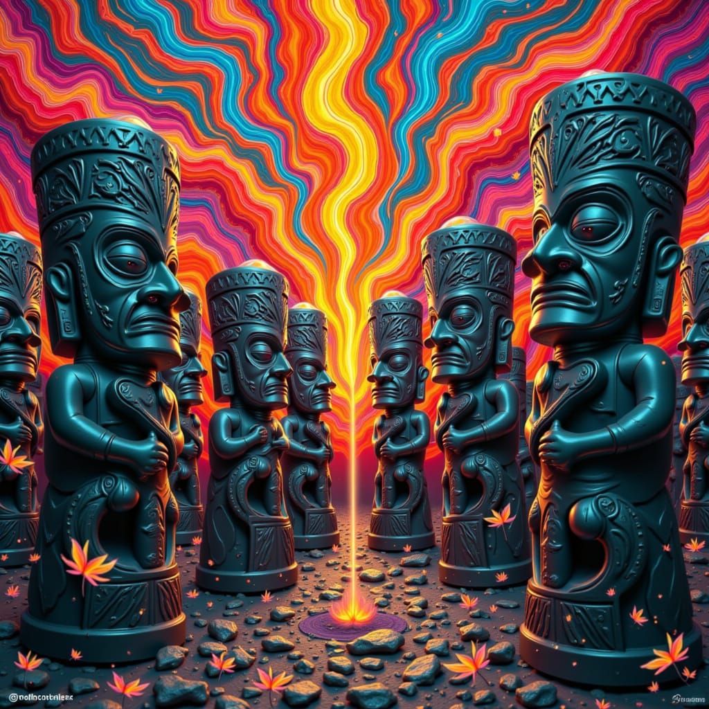 Explosive Color Tiki Figures in Abstract Expressionist Style