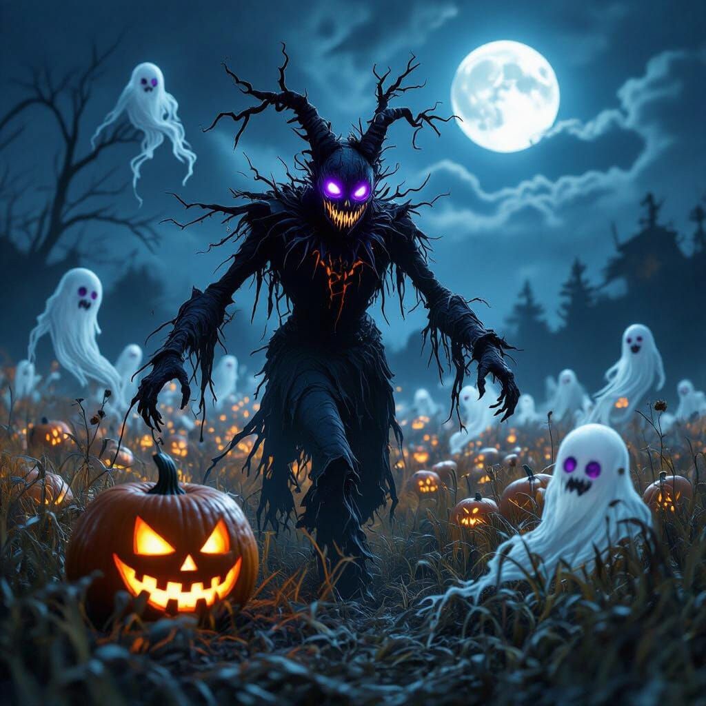 Nightmarish Scarecrow Cryptid in Spooky Jack-o-Lantern Field