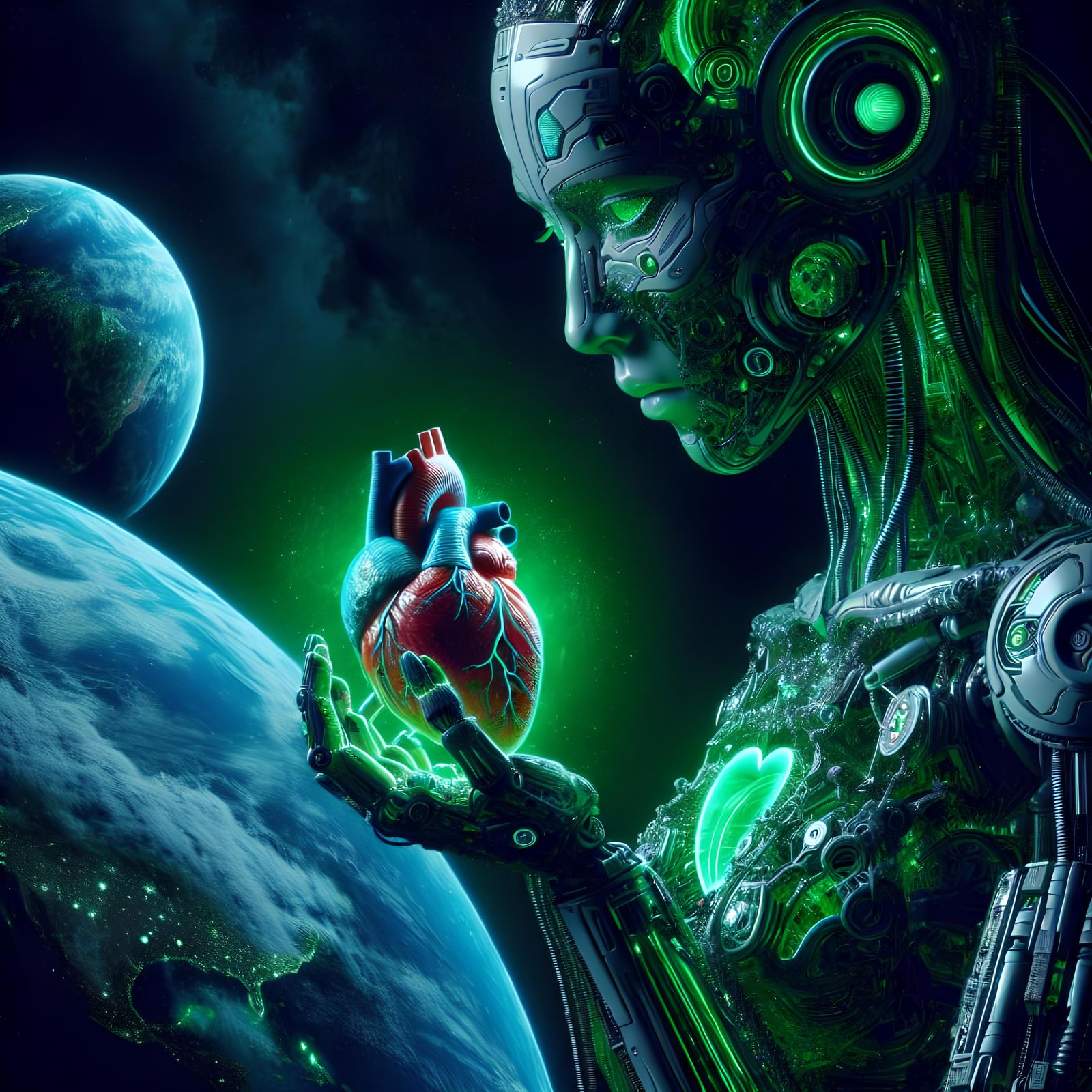 Cyborg Woman with Heart on Earth