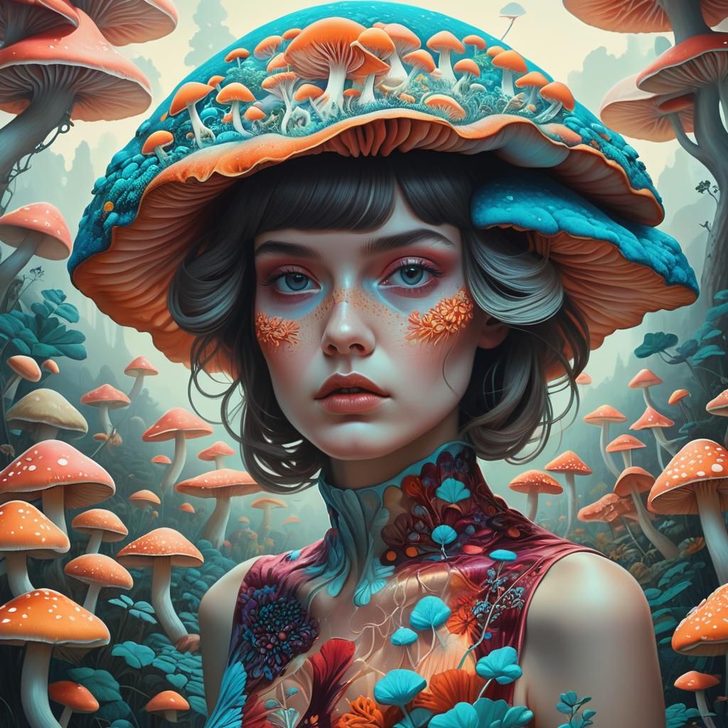 Hallucinogenic Mushroom Portrait in Ornate Fantasy Landscape
