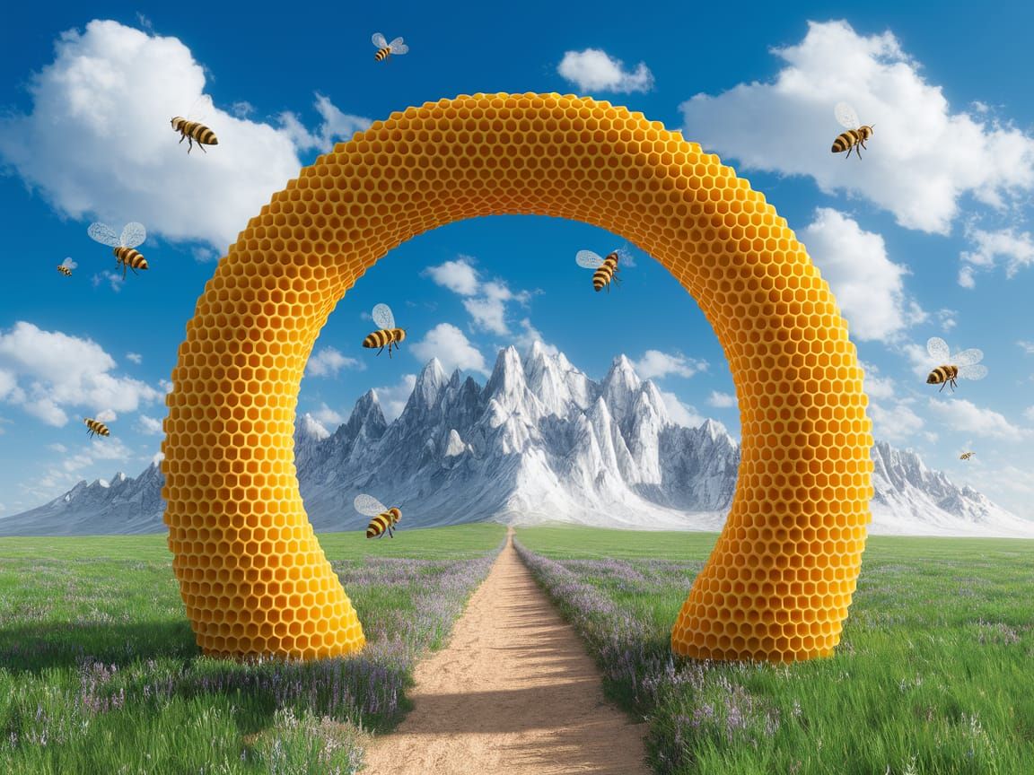 Dreamlike Honeycomb Archway in Vibrant Photorealistic Style