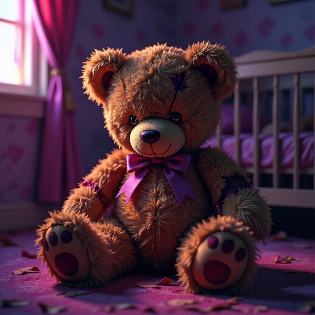 Macabre Teddy Bear in Sinister Nursery